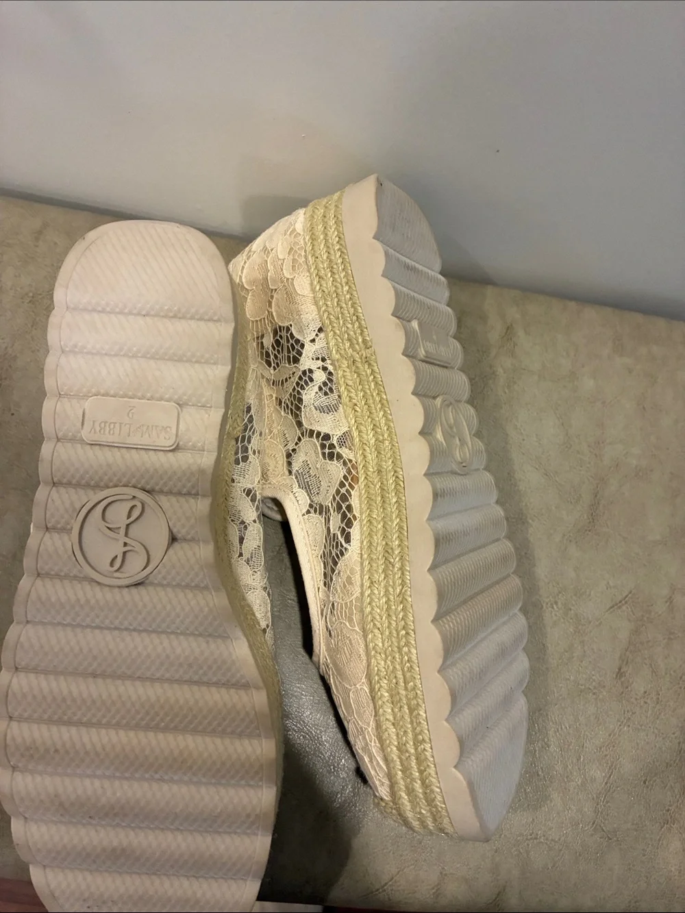 Sam & Libby Cream Lace Mary Jane Platform Espadrilles